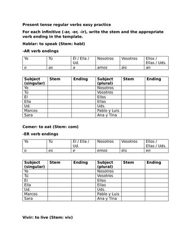 Present tense regular verbs easy practice