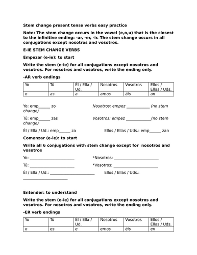Stem change present tense verbs easy practice