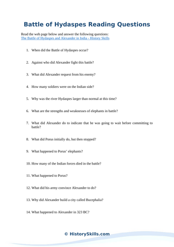 Alexander and the Battle of Hydaspes Reading Questions