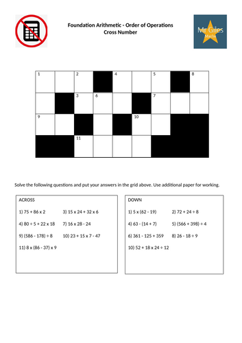 Foundation Arithmetic - Order of Operations Cross Number