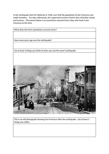 GCSE English KS3/KS4 Non Fiction San Francisco Earthquake 1906 comprehension analysis, writing task