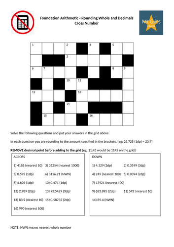 Foundation Approximations - Rounding Whole and Decimals Cross Number