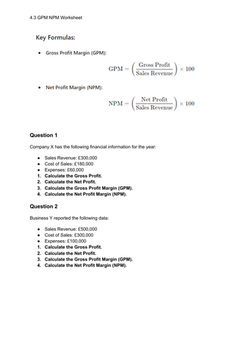 Business Gross Net profit Margin Worksheet Activity GCSE A Level BTEC Level 3