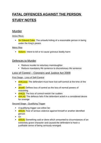 Fatal Offences Against the Person - Revision notes for A-Level Law