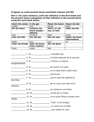 Irregular yo verbs present tense worksheet (choose and fill)