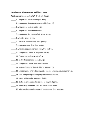 Los adjetivos: Adjectives true and false practice