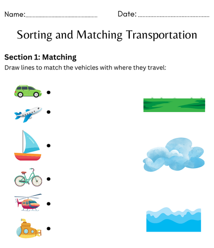 preschool sorting matching transportation worksheet for kindergarten