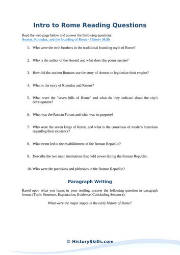 Early History of Ancient Rome Reading Questions Worksheet