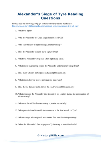 Alexander’s Siege of Tyre Reading Questions Worksheet