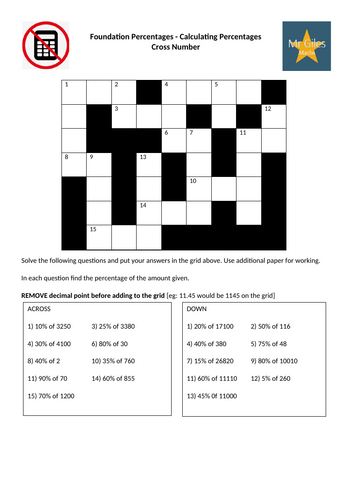 Foundation Percentages - Calculating Percentages Cross Number