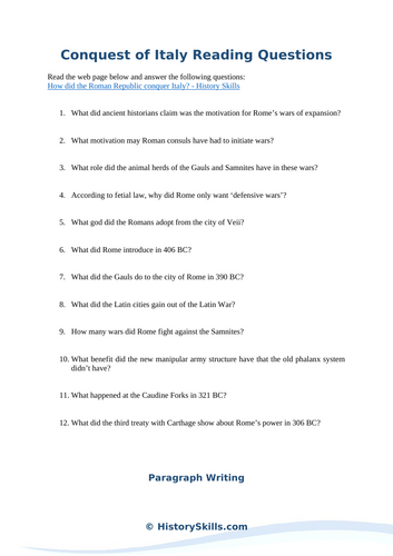 Rome's Conquest of Italy Reading Questions Worksheet