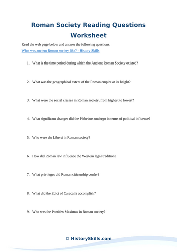 Roman Society Reading Questions Worksheet