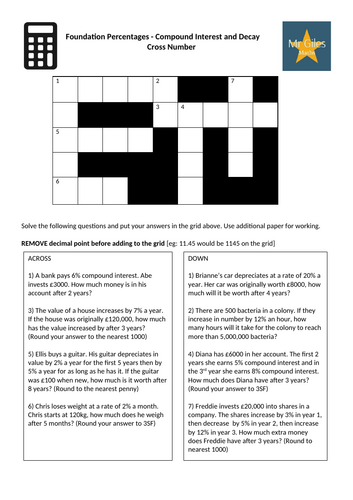 Foundation Percentages - Compound Interest and Decay Cross Number