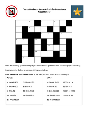 Foundation Percentages Topic Cross Number Bundle