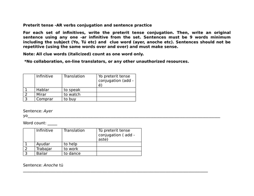 Preterit tense -AR verbs conjugation and sentence practice