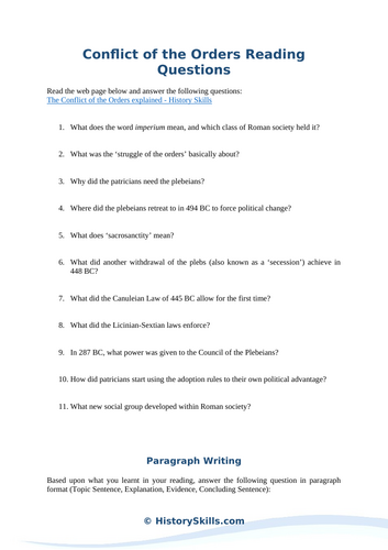 Conflict of the Orders in Ancient Rome Reading Questions Worksheet
