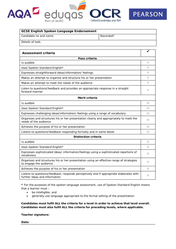 AQA GCSE English Language Speaking and Listening Endorsement