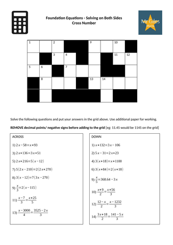 Foundation Equations - Solving on Both Sides Cross Number