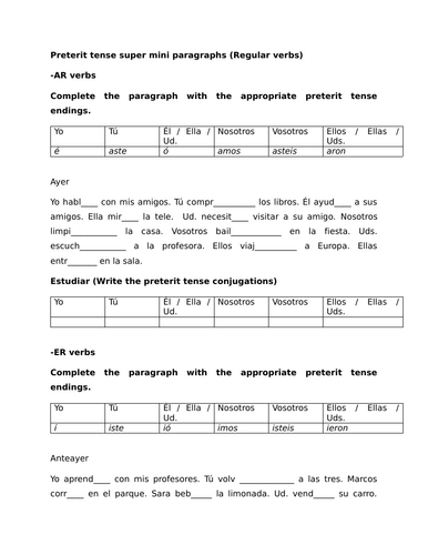 Preterit tense super mini paragraphs (Regular verbs)