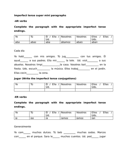 Imperfect tense super mini paragraphs