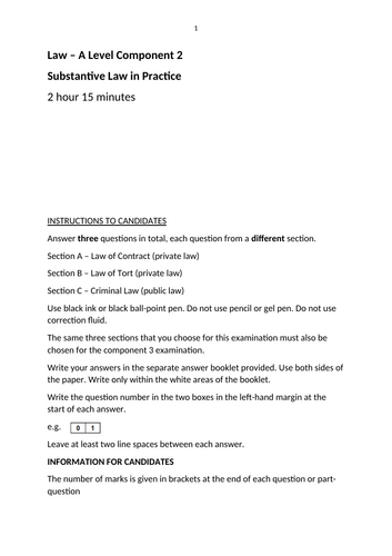 A-Level Law: Eduqas Paper 2 Mock Exam - Contract Option (Scenario Questions)