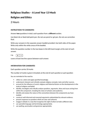 A-Level RS: Eduqas Mock Exam - Paper 3 Religion and Ethics