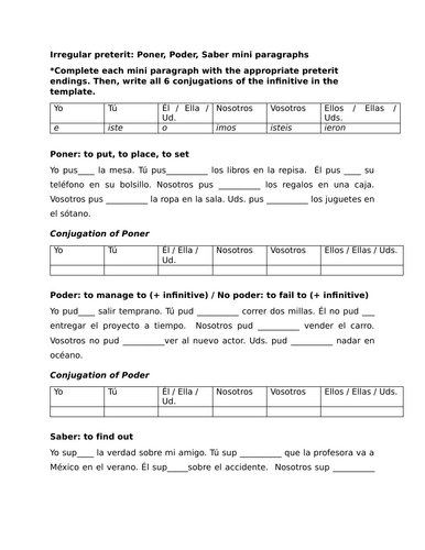 Irregular preterit: Poner, Poder, Saber mini paragraphs