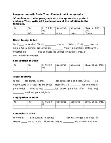 Irregular preterit: Decir, Traer, Conducir mini paragraphs