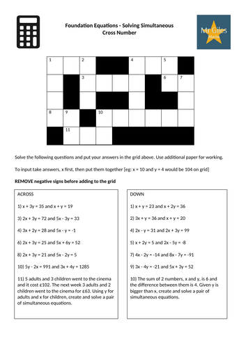 Foundation Equations - Solving Simultaneous Cross Number | Teaching ...