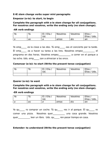 E-IE stem change verbs super mini paragraphs
