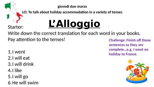 GCSE Italian le vacanze e l'alloggio lesson