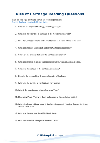 Rise of Carthage Reading Questions Worksheet