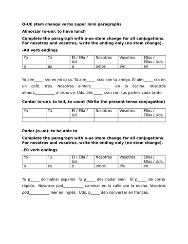 O-UE stem change verbs super mini paragraphs