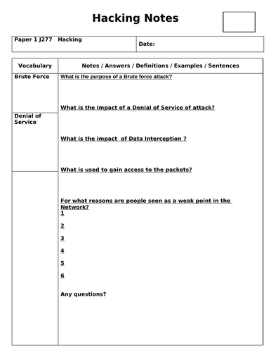 J277 1.4.1 Hacking Cornell Notes Template