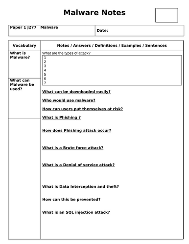 J277 Malware Cornell Notes template