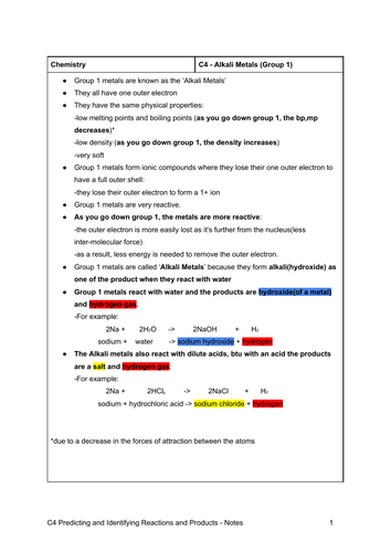 GCSE Chemistry OCR Gateway A Notes for Topic C4 - Predicting and identifying reactions and products