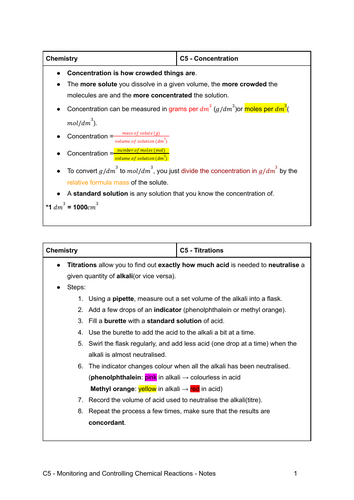 GCSE Chemistry OCR Gateway A Notes for Topic C5 -- Monitoring and controlling chemical reactions