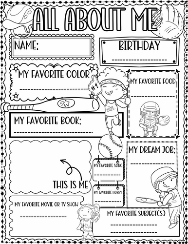 All about Me Worksheet Baseball Theme | First Day of School Activity