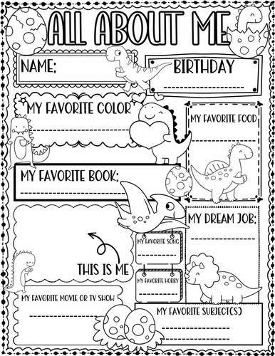 All about Me Worksheet Dinosaur Theme | First Day of School Activity