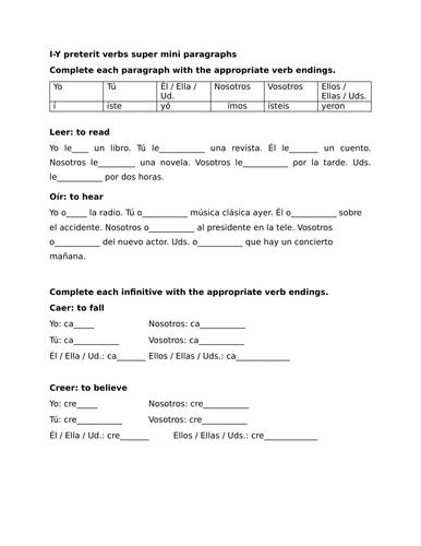 I-Y preterit verbs super mini paragraphs