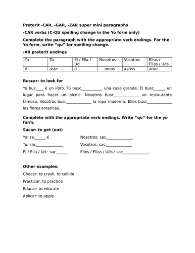 Preterit -CAR, -GAR, -ZAR super mini paragraphs