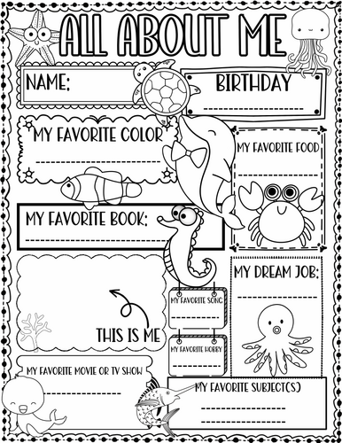 All about Me Worksheet Ocean Animal Theme | First Day of School Activity