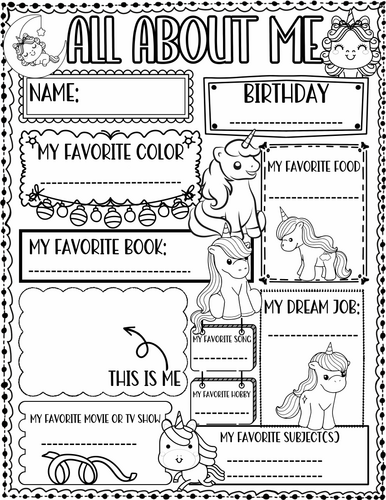 All about Me Worksheet Unicorn Theme | First Day of School Activity