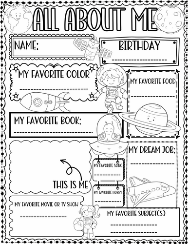 All about Me Worksheet Space Theme | First Day of School Activity