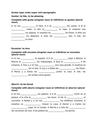 Gustar type verbs super mini paragraphs