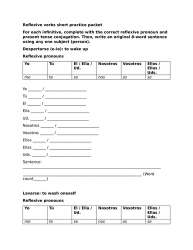 Reflexive verbs short practice packet