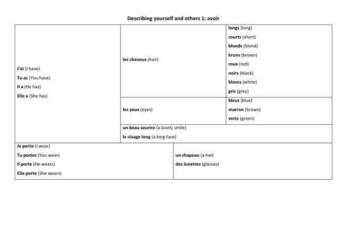 New GCSE French identity - avoir - sentence builder