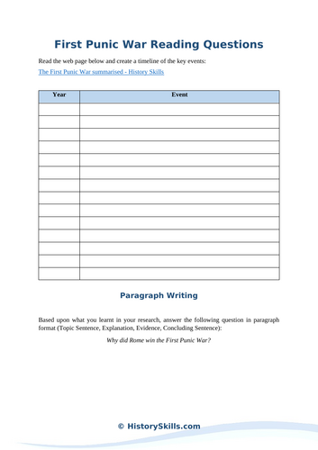 First Punic War Reading Questions Worksheet