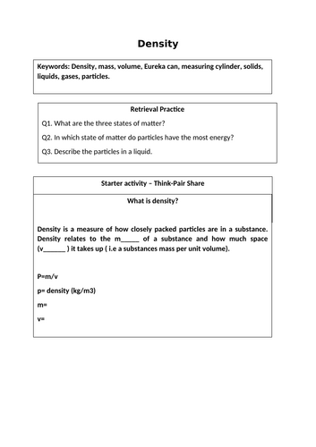 Density  worksheet