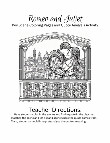 Romeo & Juliet 10 Key Scenes Coloring Pages and Quote Analysis